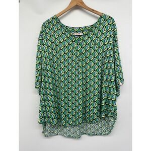 Alyans Shirt Women XXL Green Geometric Abstract Lightweight Retro Mod‎ Vacation